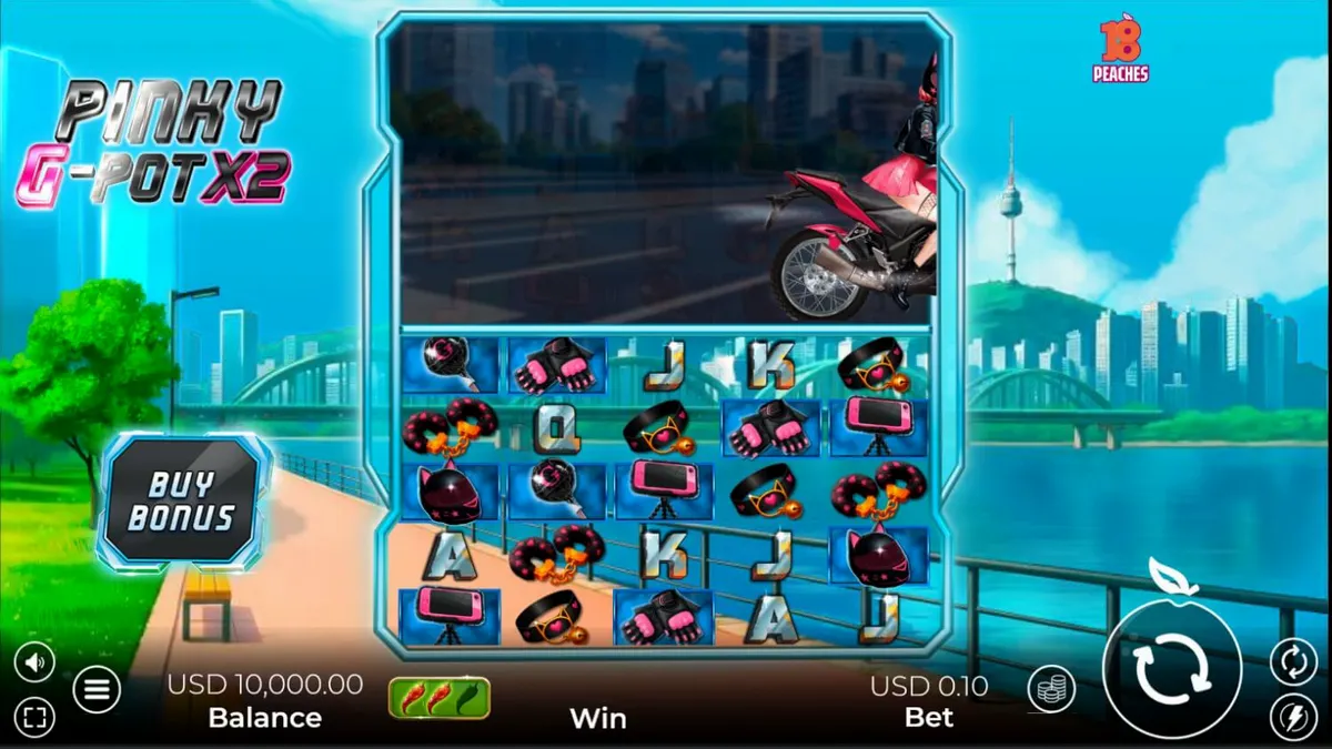 Tampilan visual neon dan motor balap dalam slot Pinky G-Pot X2
