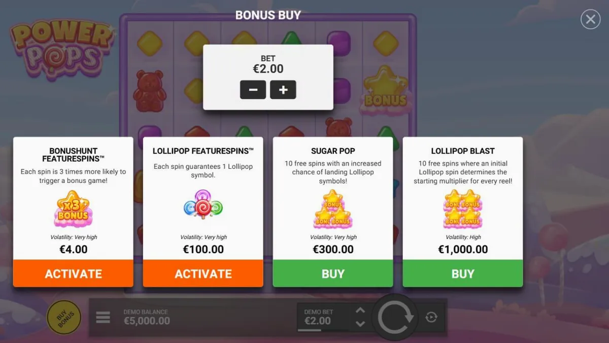 Tampilan visual slot Power Pops dengan tema permen yang penuh warna