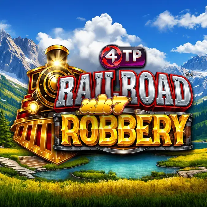 Tampilan antarmuka permainan slot Railroad Robbery dengan kereta api di bagian atas gulungan.
