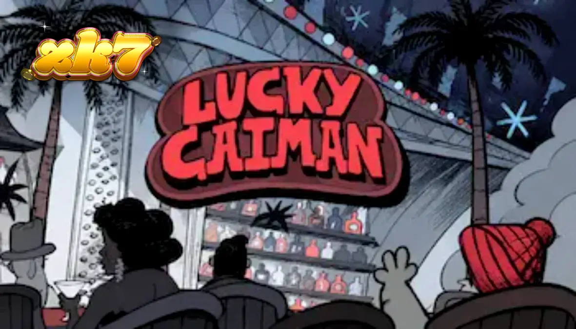 Tampilan visual slot Lucky Caiman dengan tema lounge retro dan karakter buaya.